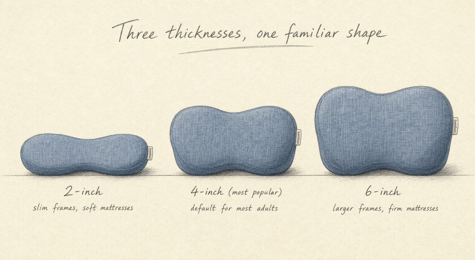 Three Plumb cushions shown in profile from left to right: 2-inch for slim frames and soft mattresses; 4-inch (most popular), the default for most adults; 6-inch for larger frames and firm mattresses. All same hourglass shape, slate-blue Midnight colorway.