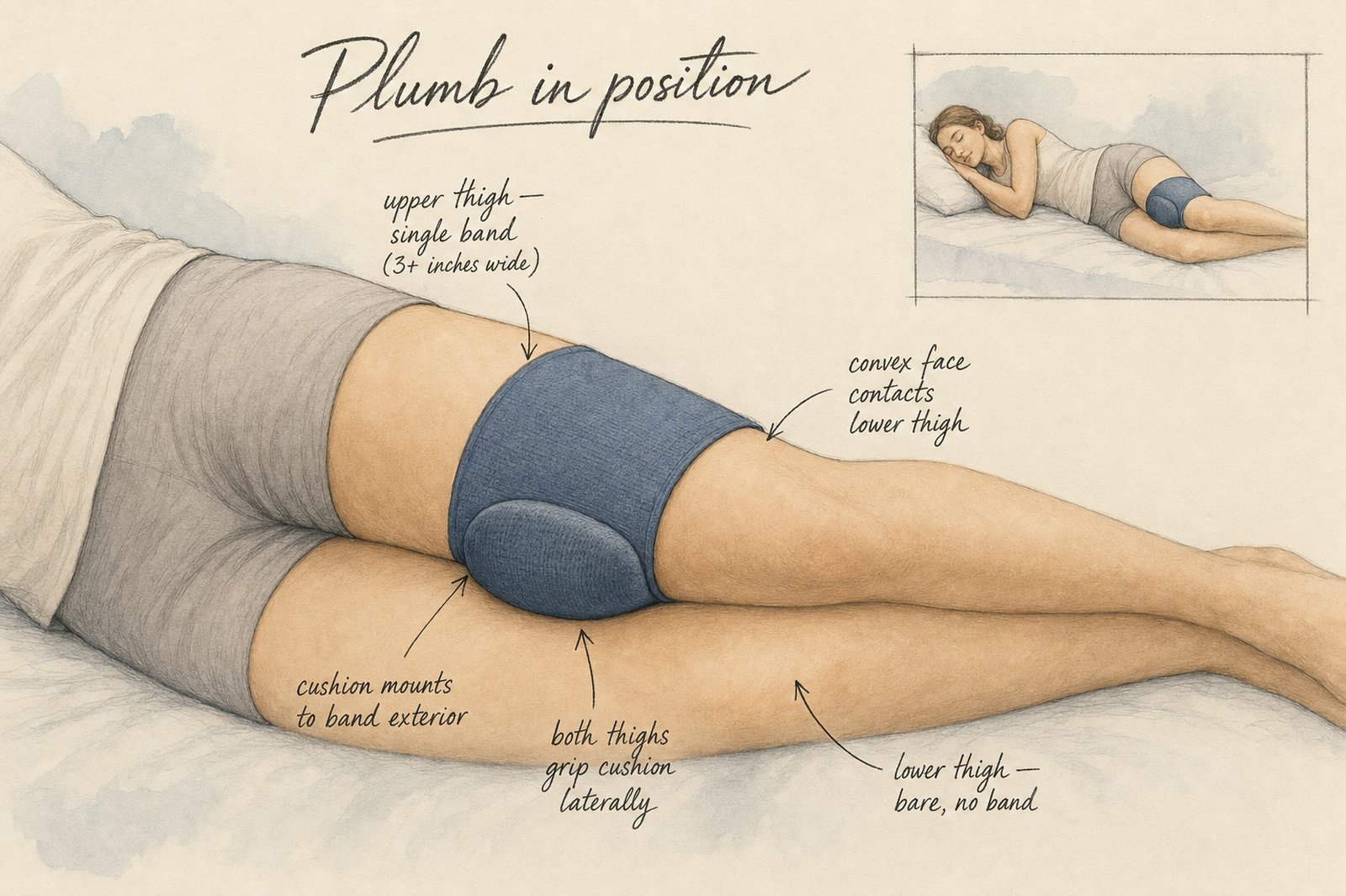 Design sketch of Plumb in side-sleep position: a single wide fabric band wraps only the upper thigh of the upper leg. A horizontally-oriented contoured cushion mounts to the band's exterior and seats in the gap between the thighs. The lower thigh is bare.