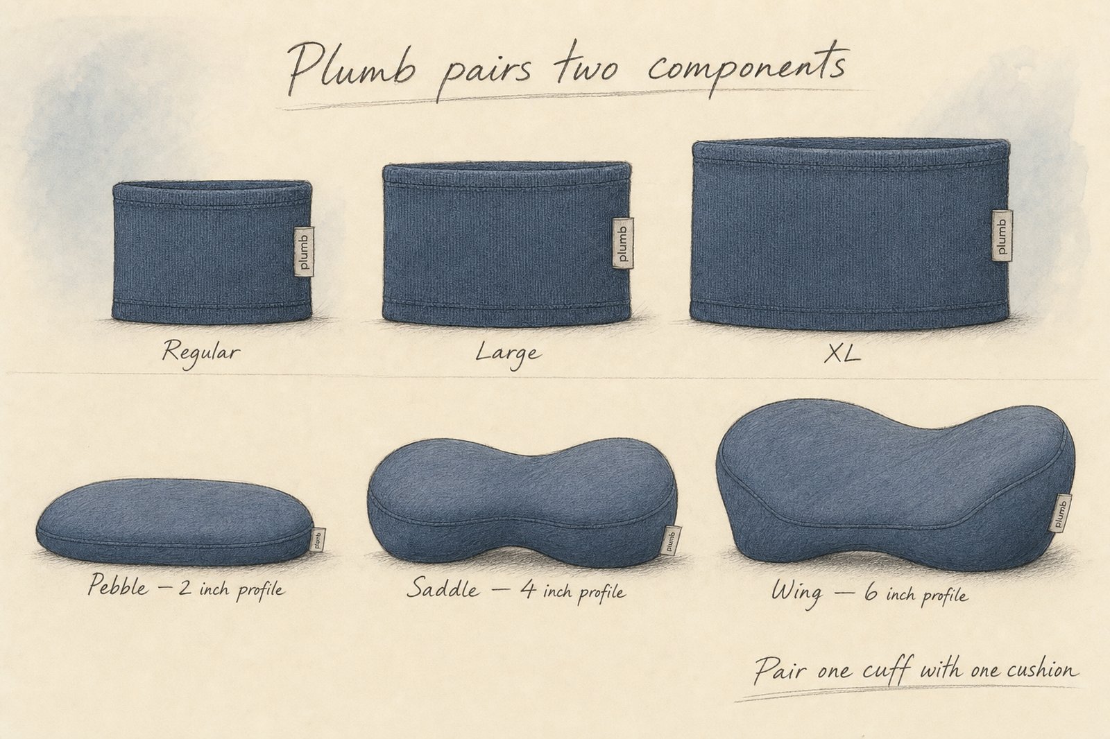 Concept sketch showing the Plumb pairing system: three band sizes (Regular, Large, XL) shown above three cushion profiles (2-inch, 4-inch, 6-inch). Hand-drawn editorial style, slate-blue Midnight colorway.