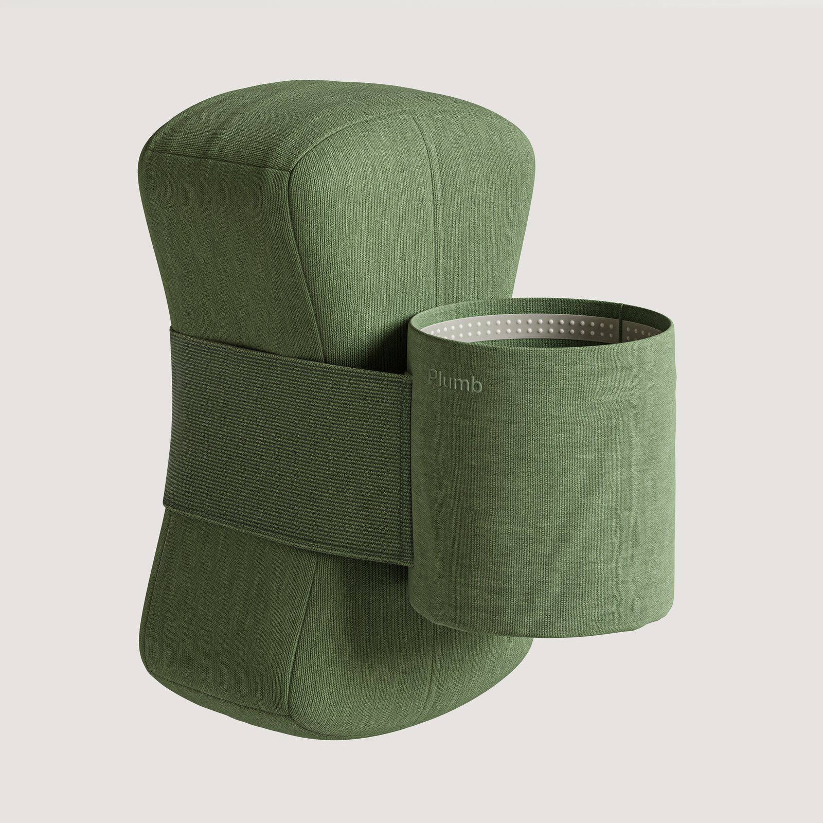 Plumb three-piece system: a soft green knit thigh sleeve with grip dots inside, a removable foam pillow that slides into an elastic open-ended pocket, and a washable pillowcase.
