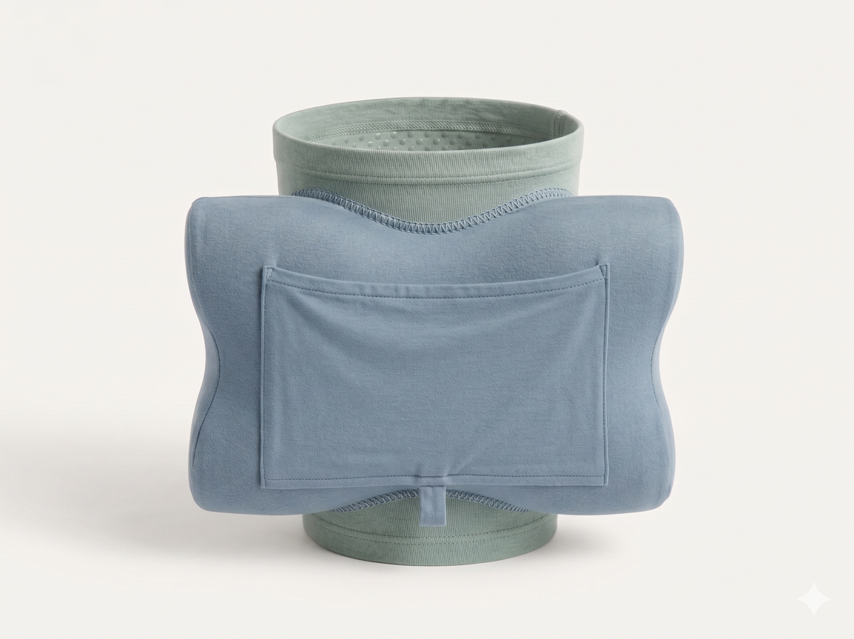 Plumb three-piece system: a soft sage-blue knit thigh sleeve, a removable foam pillow that slides into an elastic open-ended pocket, and a washable pillowcase.