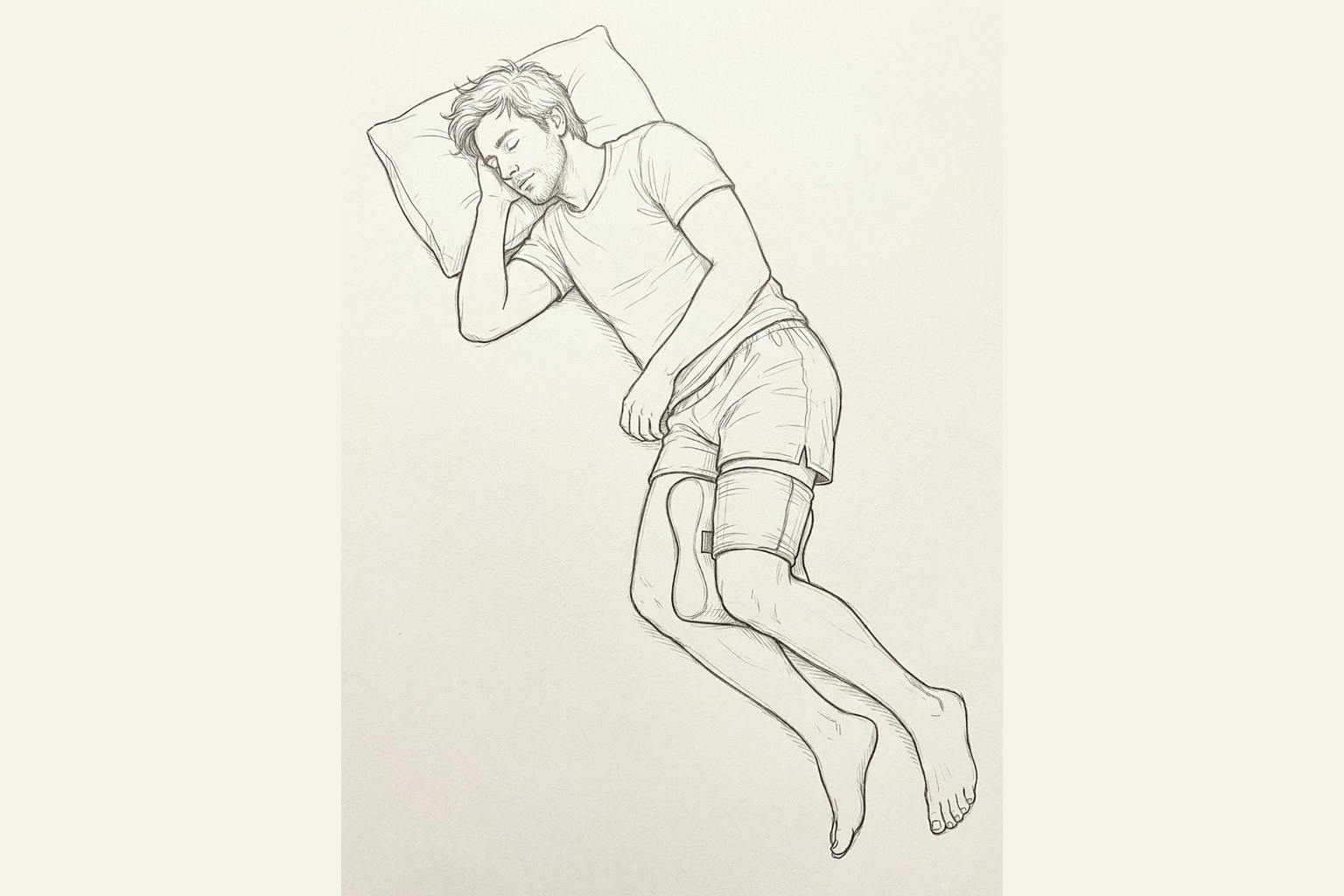 Pencil-and-ink working sketch: an adult man side-sleeping with the Plumb sleeve on his top-resting thigh, the foam pillow seated between his thighs. Line art on plain paper.