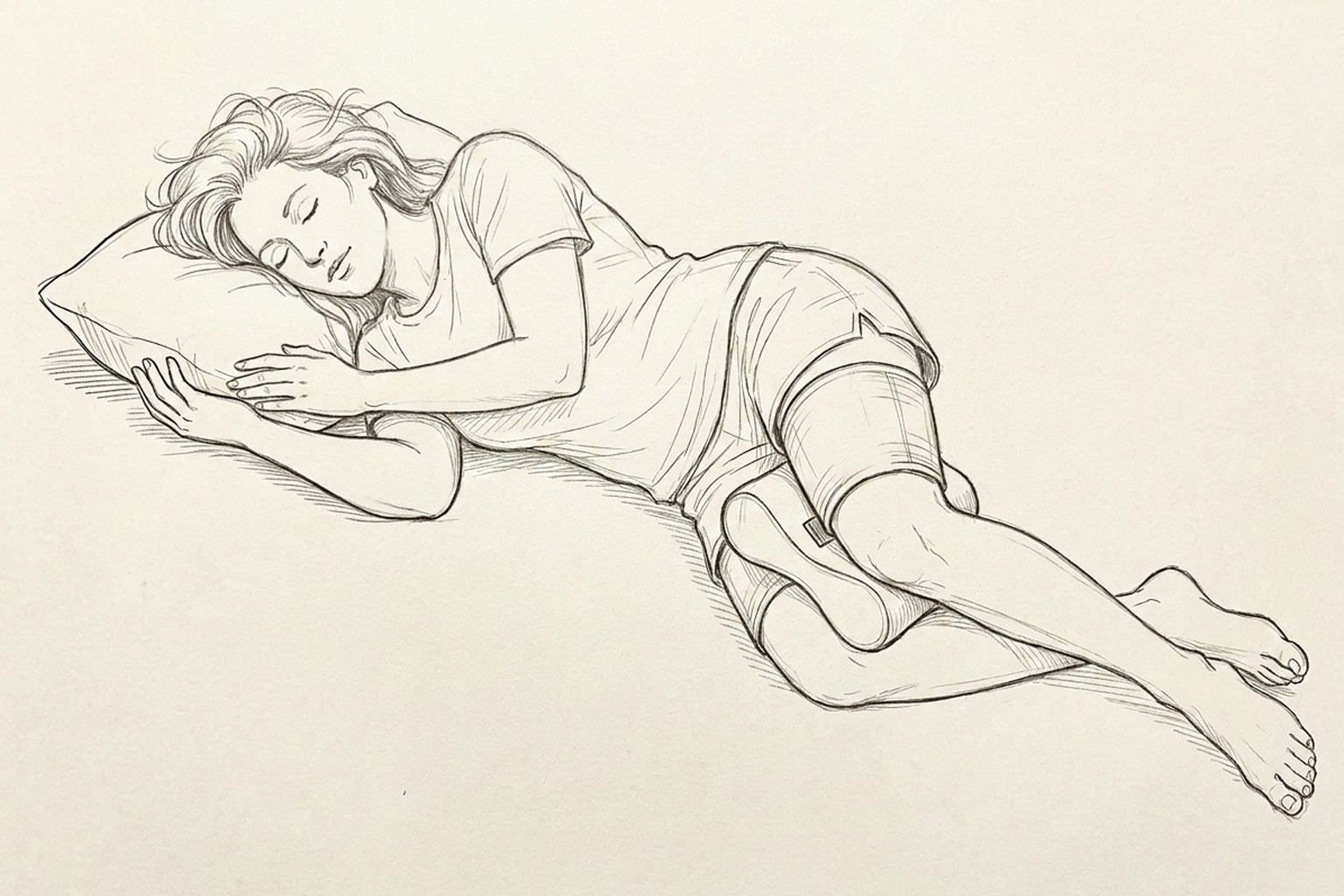 Pencil-and-ink working sketch: an adult woman side-sleeping with the Plumb sleeve on her top-resting thigh, the foam pillow seated between her thighs. Line art on plain paper.